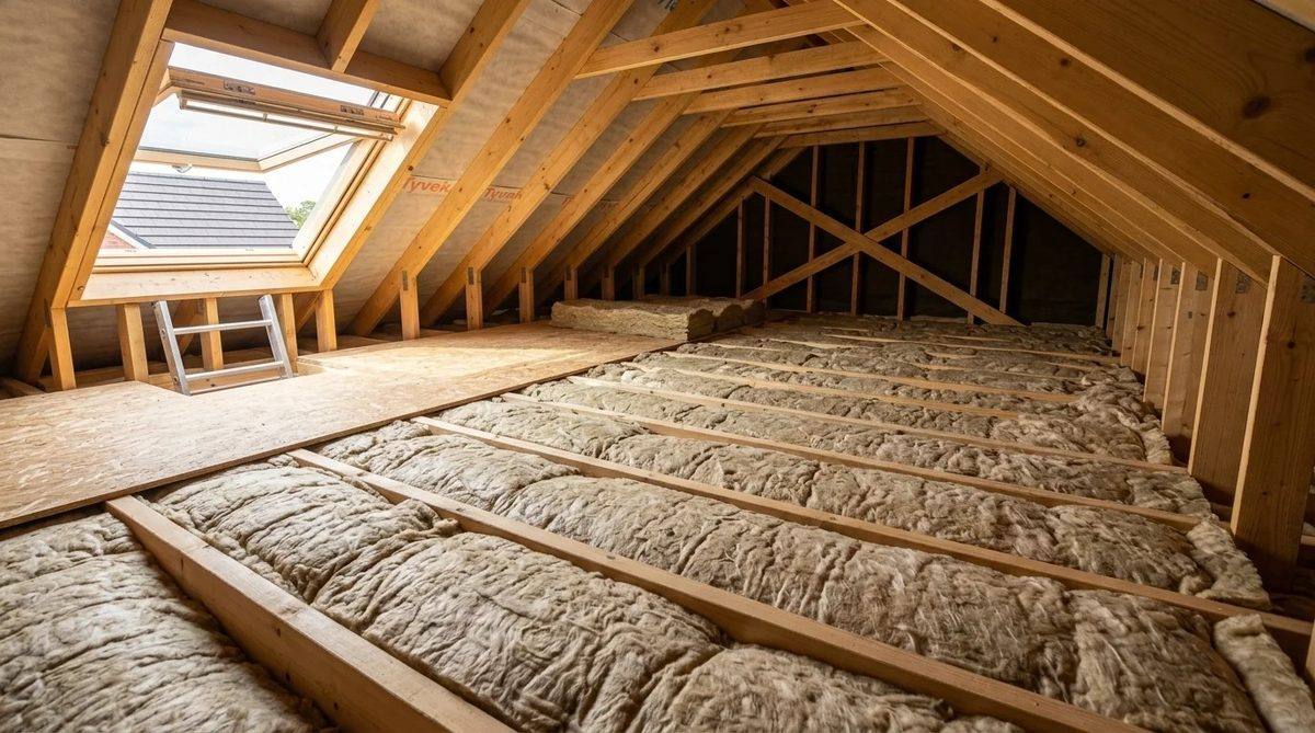 Loft insulation being installed between joists